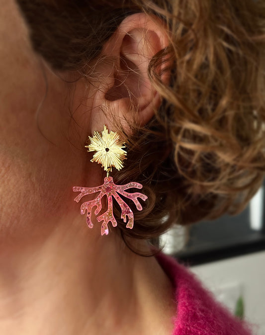 Boucles d’oreilles corail paillettes rose fluo