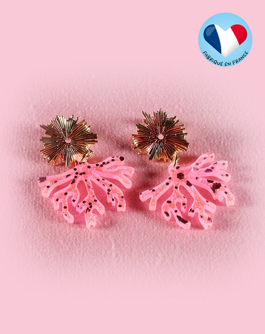 Boucles d’oreilles corail paillettes rose fluo