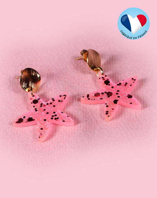 Boucles d'oreilles étoile de mer rose fluo