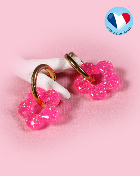 Boucles d'oreilles paillettes rose fluo